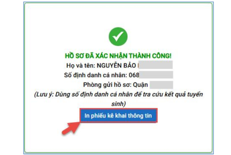 Thông báo hồ sơ đăng ký thành công