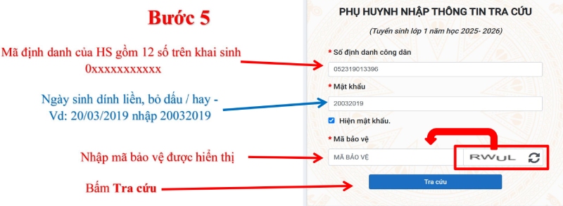 Các hướng dẫn nhập mã định danh, ngày sinh
