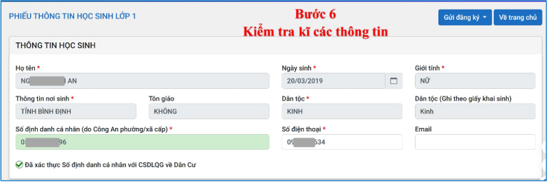 Các thông tin của học sinh