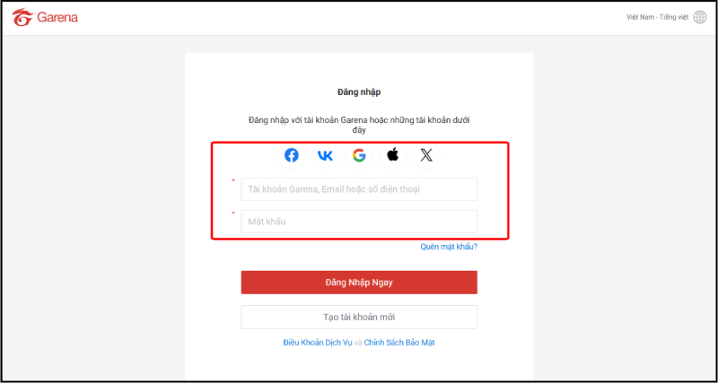 Trang đăng nhập tài khoản Garena