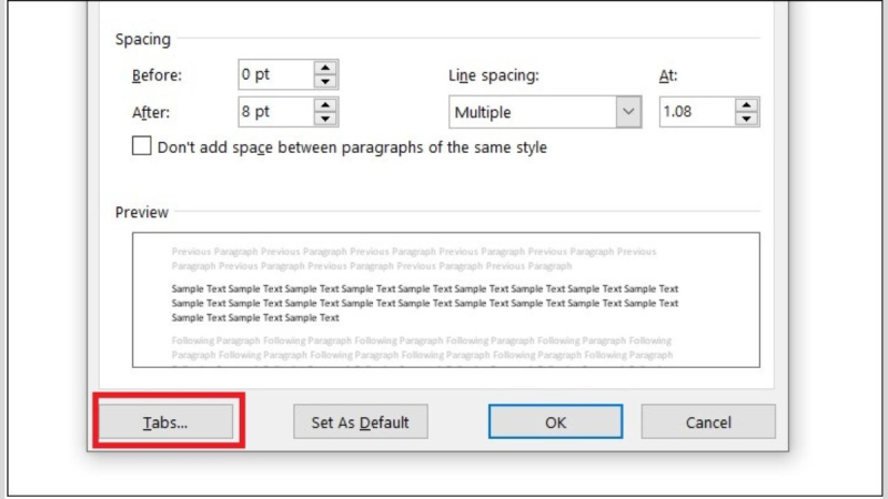 Thao tác mở hộp thoại Tabs