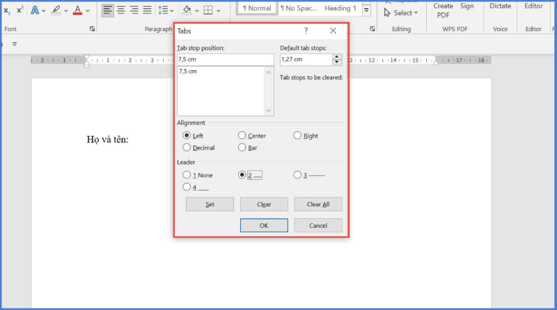 Giao diện cửa sổ Tabs trong Word