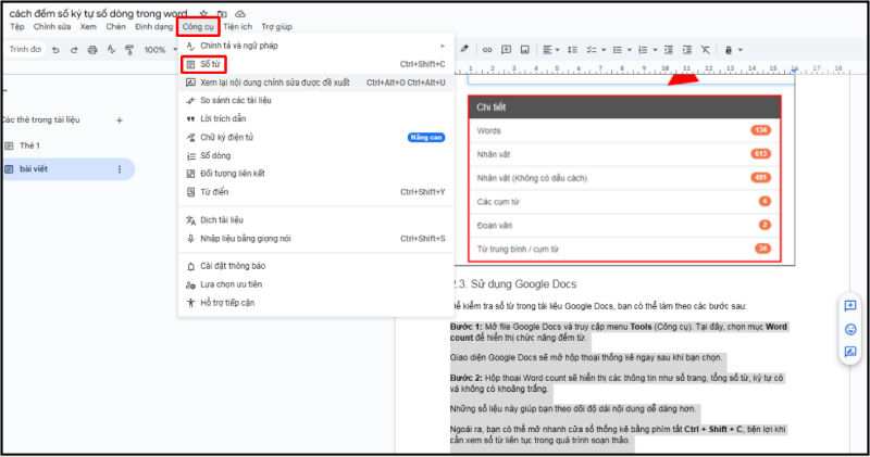 Google Docs hiển thị Word Count trong menu Công cụ