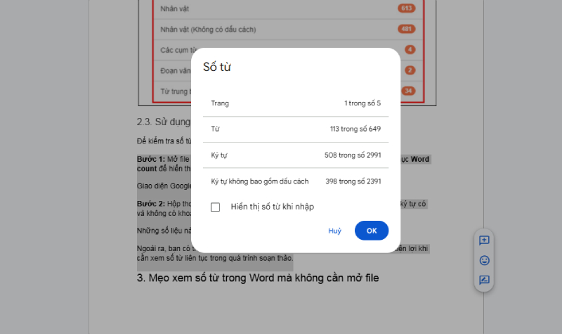 Hộp thoại Google Docs hiển thị số từ và số ký tự