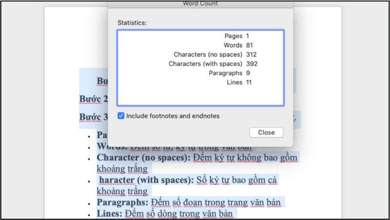 Cửa sổ Word Count hiển thị số trang, từ, ký tự và dòng