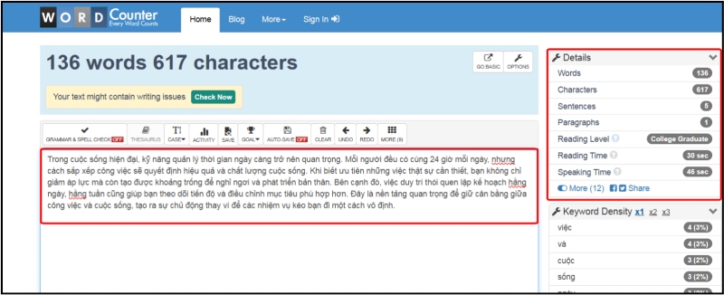 Công cụ WordCounter hiển thị số từ và ký tự online