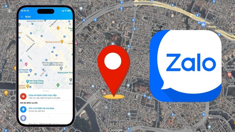 Bản đồ Google Maps và biểu tượng Zalo hiển thị định vị trên điện thoại