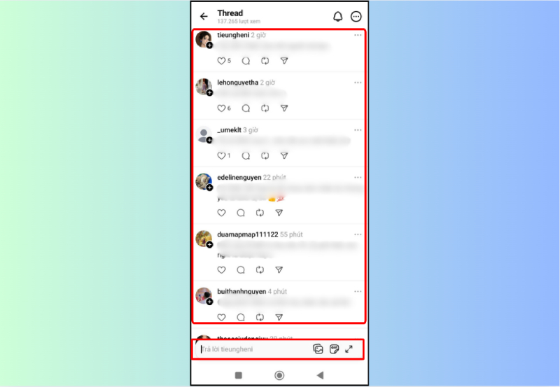 Danh sách các bình luận và ô trả lời trong bài đăng Threads