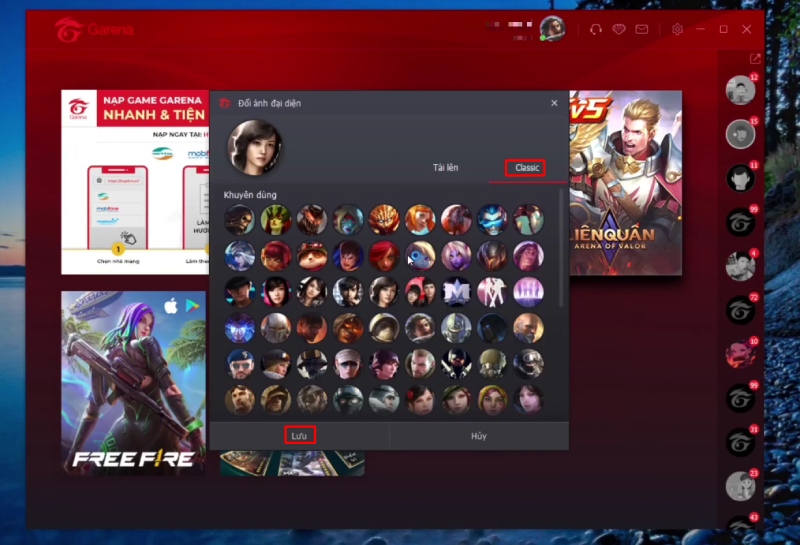 Giao diện đổi avatar Garena với danh sách hình đại diện gợi ý
