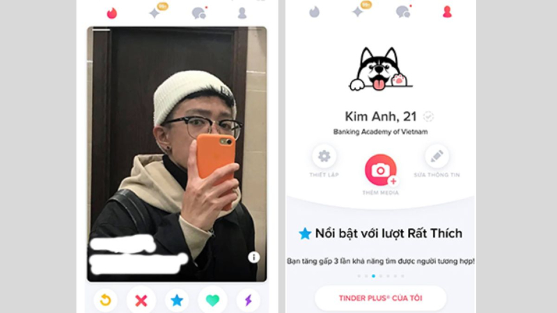 Giao diện Tinder hiển thị hồ sơ người dùng nam chụp ảnh selfie