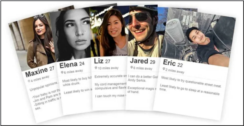 Nhiều hồ sơ Tinder hiển thị ảnh và mô tả ngắn của người dùng