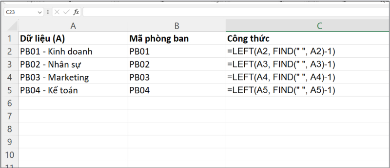 Bảng tách mã phòng ban bằng hàm LEFT và FIND trong Excel