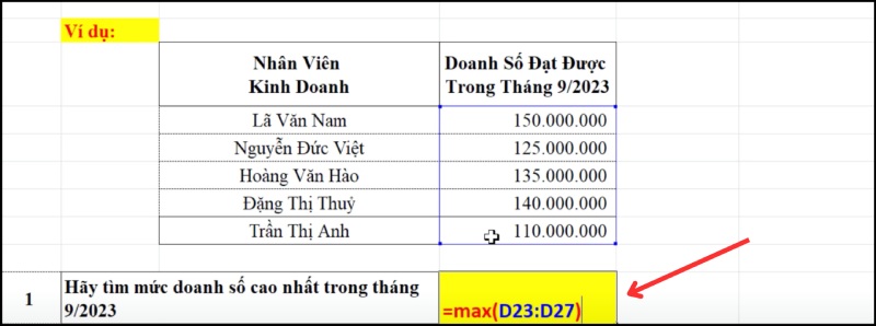 Nhập hàm max để tìm doanh thu cao nhất