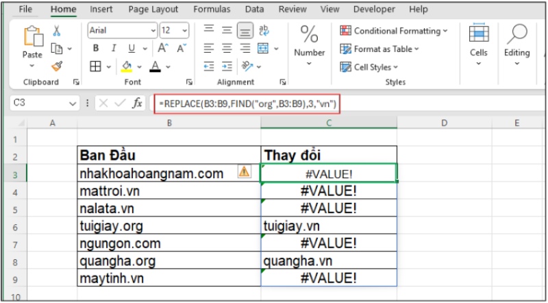 Ví dụ kết hợp hàm REPLACE với hàm FIND