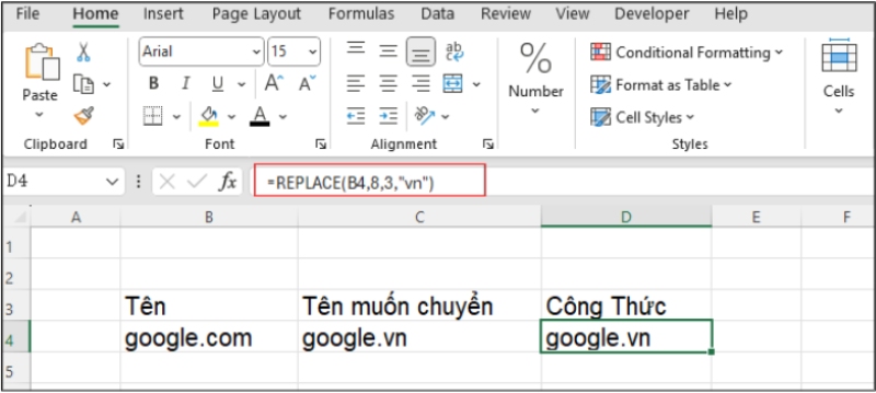 Ví dụ về sử dụng hàm REPLACE trong Excel