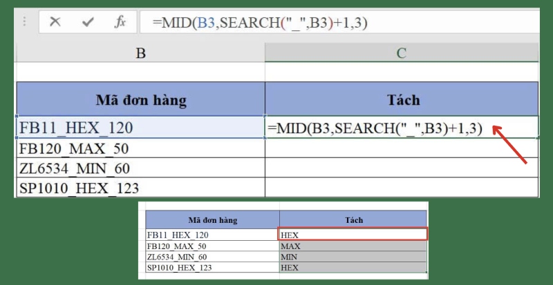 Cách kết hợp hàm MID và SEARCH để tách chuỗi dữ liệu