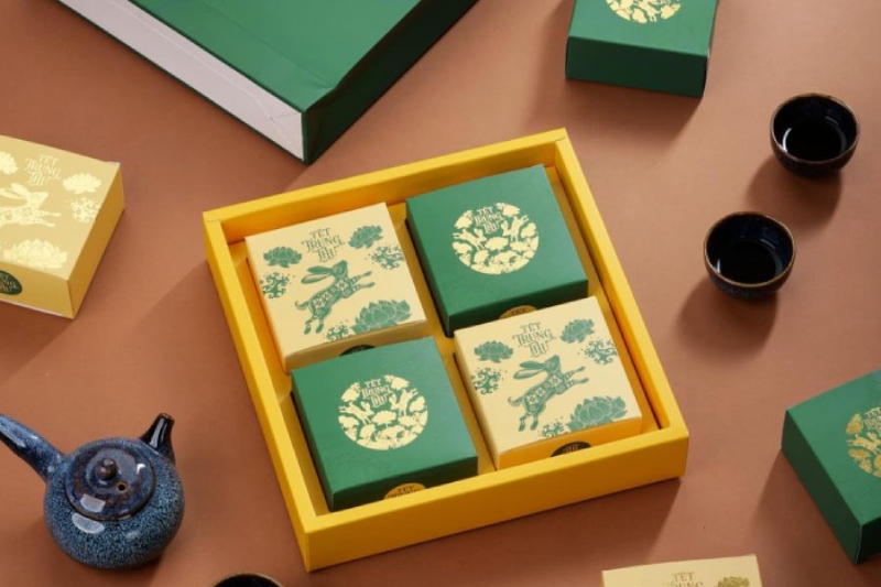 Hộp bánh Trung Thu cao cấp vàng xanh có khay chia ô