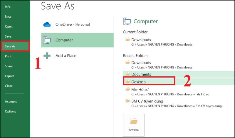 Chọn Save As và lưu file Excel vào Desktop
