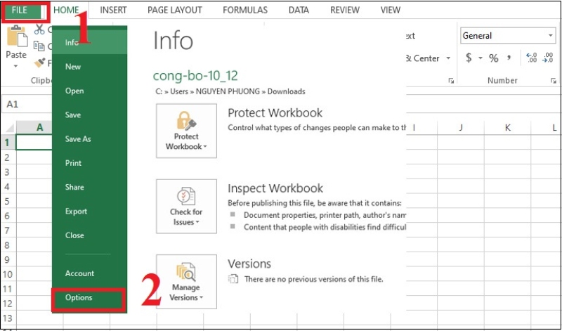Mở File Options trong Excel