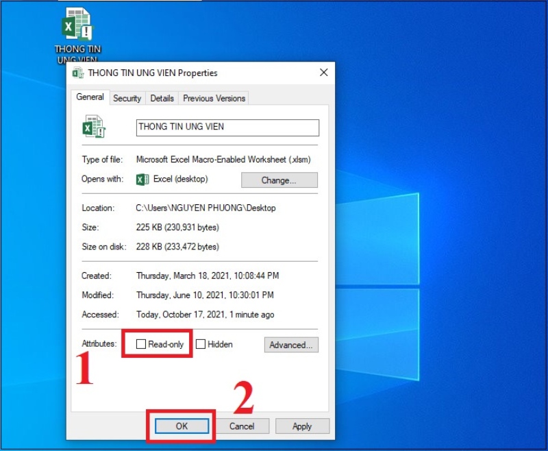 Bỏ tick Read-only trong Properties file Excel 