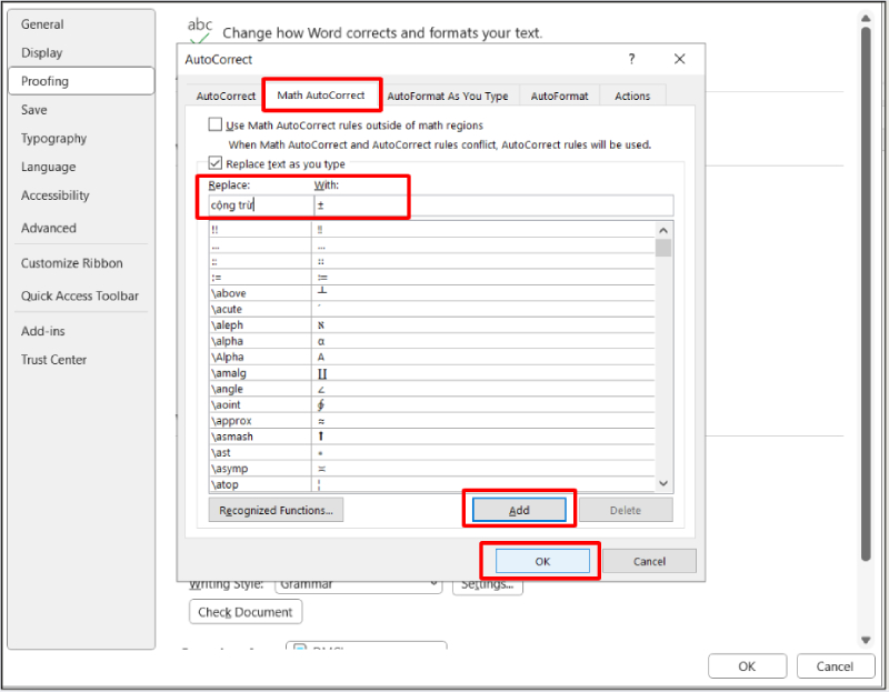 Thêm gõ tắt ký hiệu cộng trừ trong Math AutoCorrect