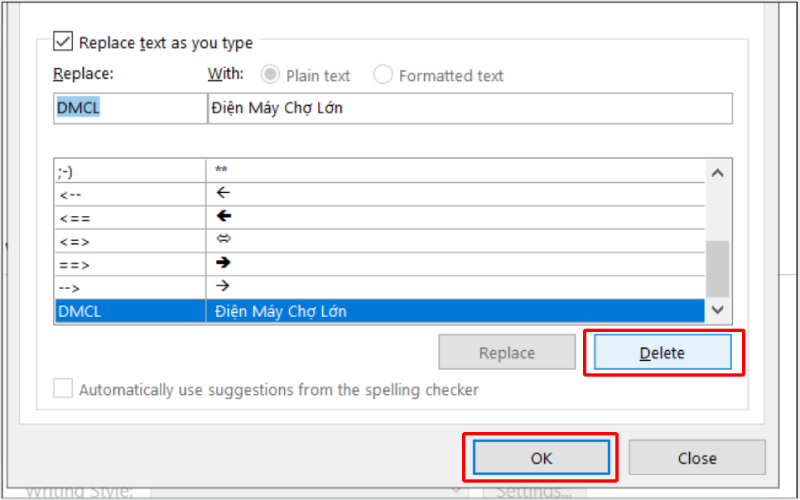Xóa mục gõ tắt đã tạo trong Word