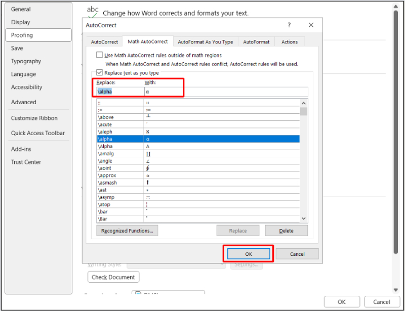 Quy tắc gõ tắt ký hiệu toán học trong AutoCorrect