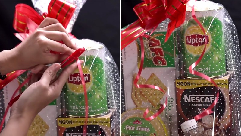 Gắn nơ lên giỏ tết