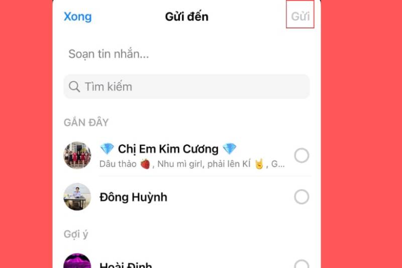 Chọn ứng dung Messenger và chọn người cần Gửi