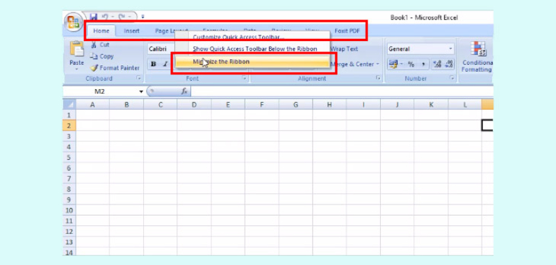 Tùy chọn Minimize the Ribbon trong Excel 2007