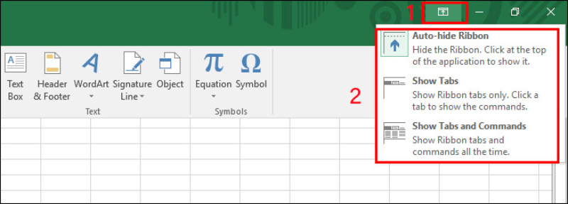 Các chế độ Auto-hide Ribbon, Show Tabs và Show Tabs and Commands