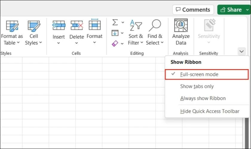 Chế độ Full-screen và tùy chọn hiển thị Ribbon