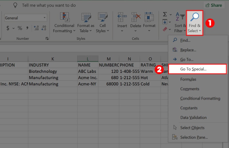 Mở Hộp thoại Go To Special