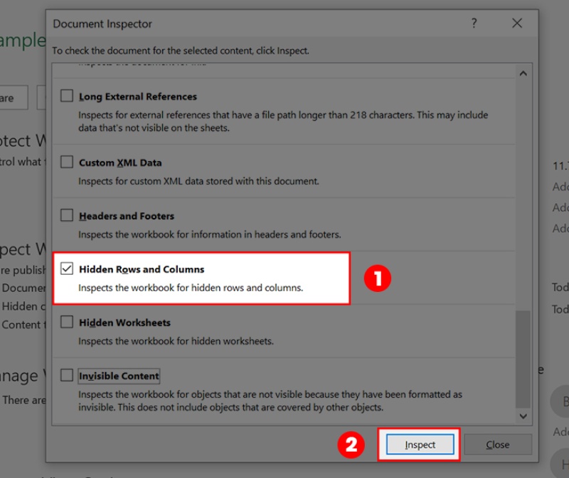 Đánh dấu mục Hidden Rows and Columns