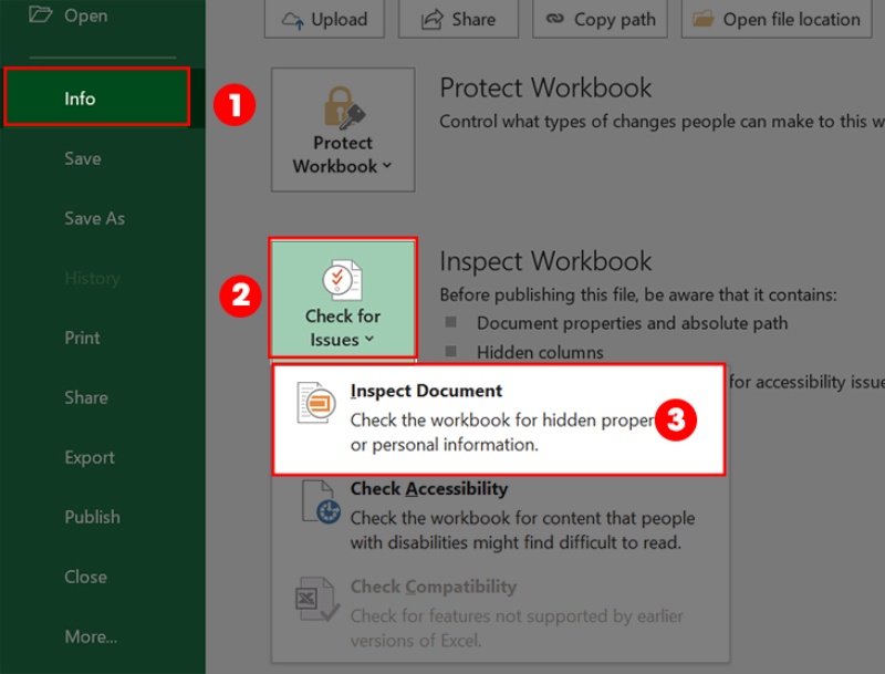Vào File chọn Check for Issues và vào Inspect Document