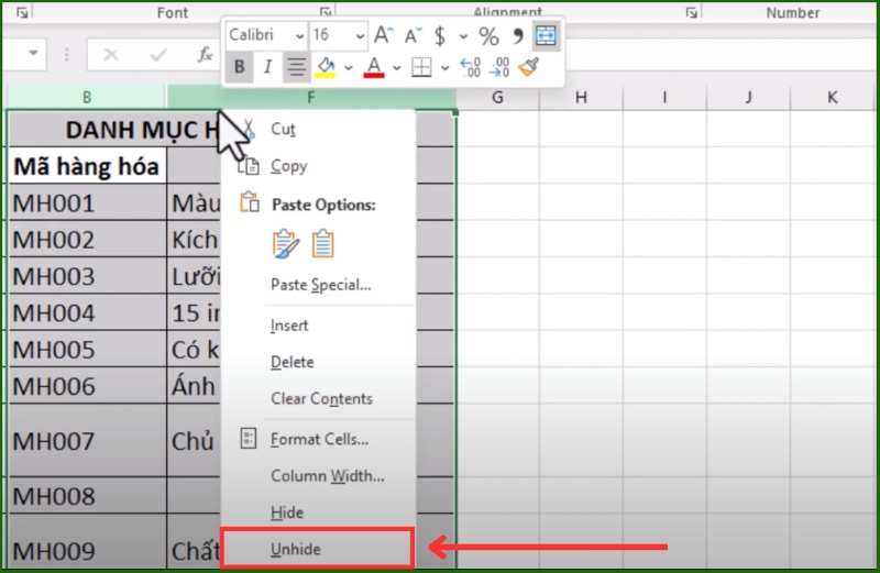Hiển thị cột bằng Unhide