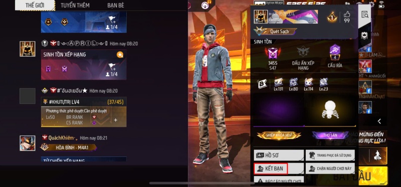 Màn hình chính của Free Fire hiển thị trang phục nhân vật và nút kết bạn