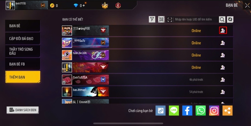 Danh sách bạn bè trong Free Fire hiển thị bạn bè trên Facebook với tùy chọn thêm bạn