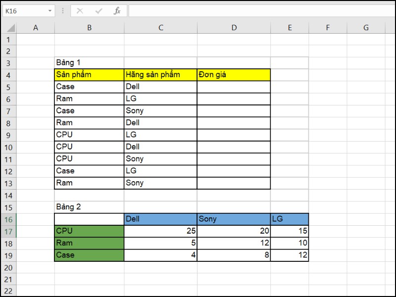 Kết hợp hàm INDEX và MATCH để tính đơn giá sản phẩm và hãng sản xuất
