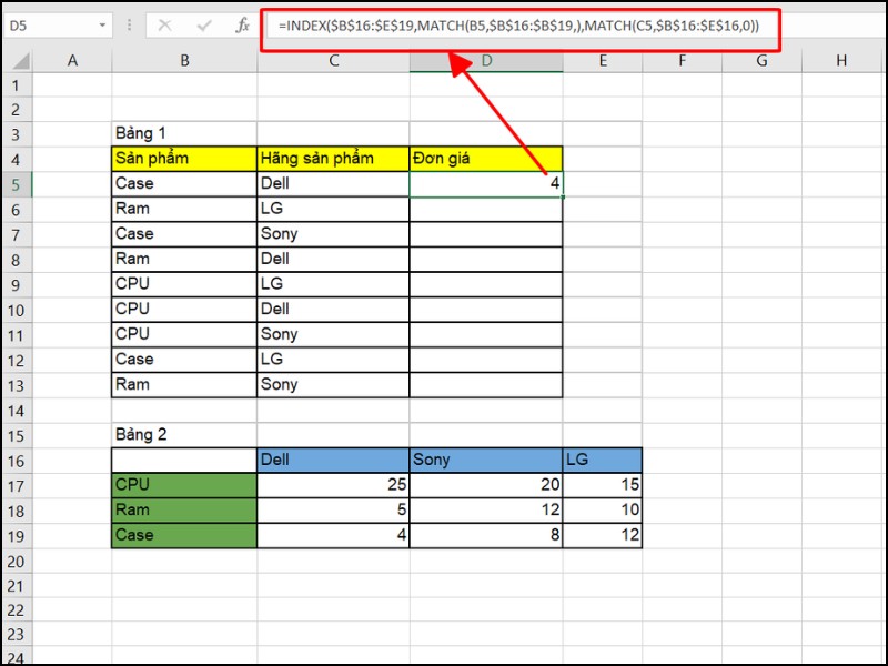Kết hợp INDEX và MATCH để lấy đơn giá