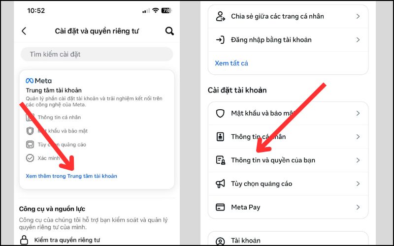 giao diện cài đặt và quyền riêng tư trong facebook