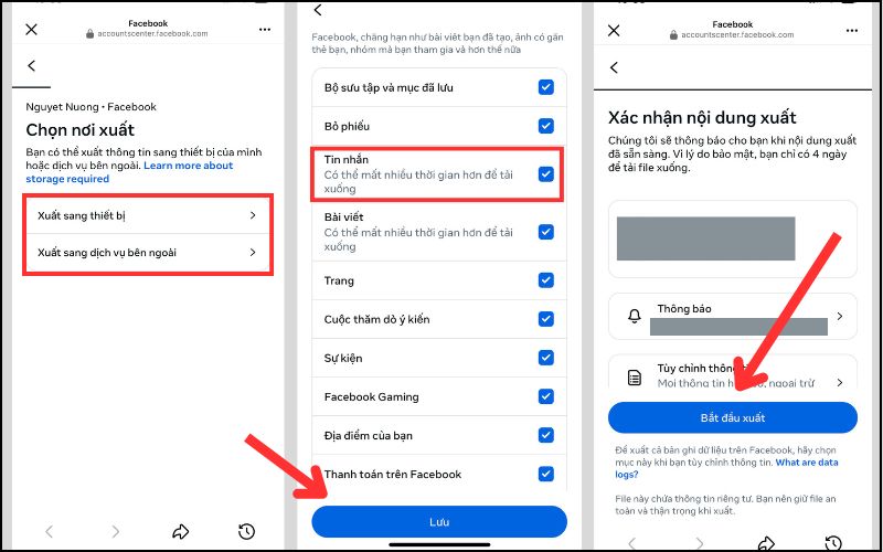 chọn vị trí và các hạng mục cần tải xuống từ facebook