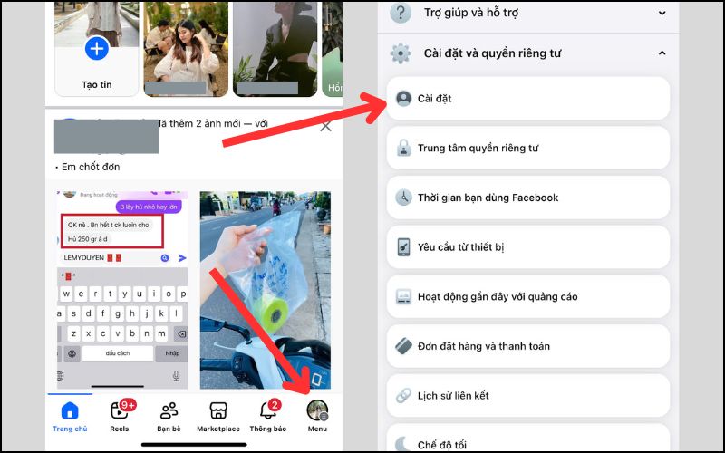 giao diện cài đặt trên facebook