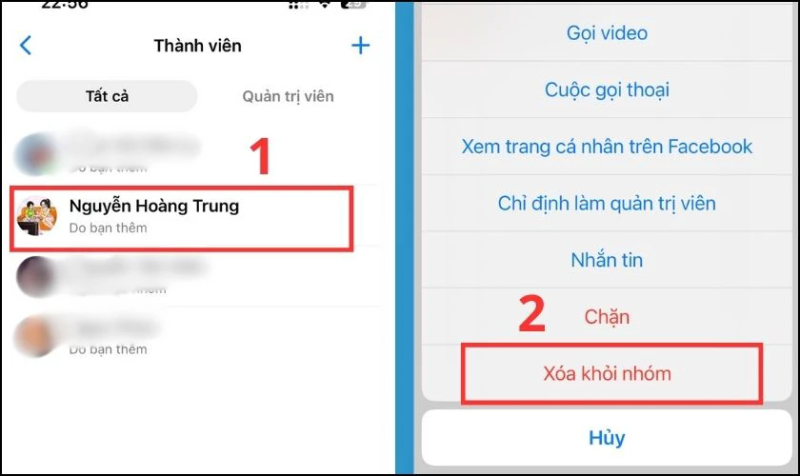 Chọn thành viên trong nhóm và nhấn xóa khỏi nhóm