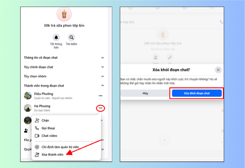Nhấn xóa thành viên để loại bỏ người khỏi nhóm Messenger