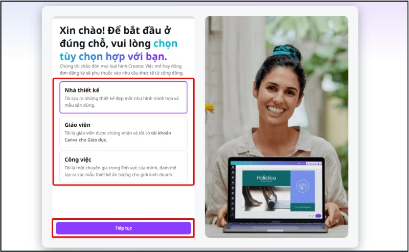 Giao diện đăng ký Canva Creator với các lựa chọn nghề nghiệp