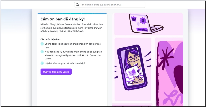 Giao diện thông báo hoàn tất đăng ký Canva Creator