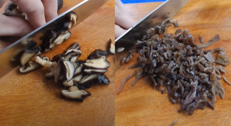 Thái nấm làm nhân cho bánh bao