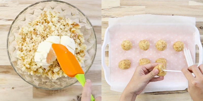 Trộn bánh bông lan với kem phô mai và nặn viên