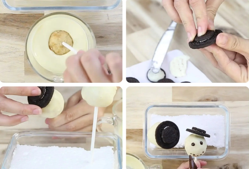 Nhúng cake pop vào chocolate trắng và gắn Oreo